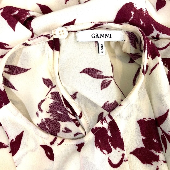 GANNI Pleated Crepe Ivory Floral Viscose Dress - Picture 8 of 14